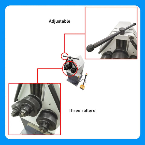 Rock Solid Three Roll Pinch Bender Ring Roller Metal Bending Machine Adjustable Arc Control with three rollers and adjustable handle.