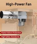 High-power fan detail of Heavy Duty 12V Propane Tankless Water Heater 55000 BTU showing flame failure protection features.