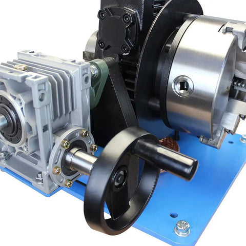 Close-up of Top Rated Welding Rotary Positioner An Eight Inch Chuck Turntable showcasing 110V motor and controls for MIG TIG projects.