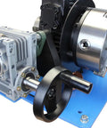 Close-up of Heavy Duty Rotary Welding Turntable With Eight Inch Chuck And Zero To Ninety Degree Tilt Base, showcasing motor and chuck.