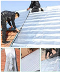 Pro Level Synthetic Roof Underlayment Roll With Heat Reflective Aluminum Foil And Self Adhesive Asphalt Membrane For Straight Up Waterproof Barrier And No Sweat Install being installed on a pitched roof.