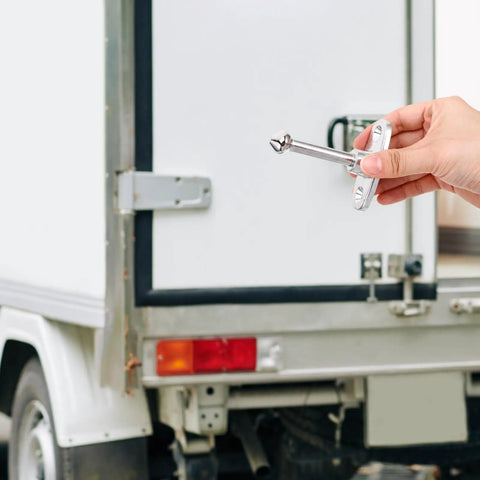 Hand holding Heavy Duty Van Door Holder And Trailer Door Retainer Catch For Commercial Trucks Rust Resistant Exterior Noise Reducing