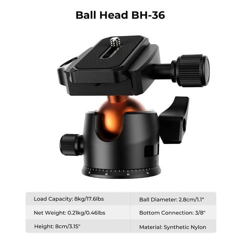 Ball head component of Lightweight 64 Inch Camera Tripod With 360 Degree Ball Head And Smartphone Clip for smooth adjustments