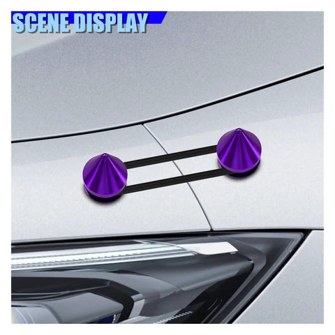 Upgrade Your Ride With These Sick Universal Car Bumper Quick Release Kit Featuring Durable Aluminum Fasteners, Sealing Washers And O Rings For Easy Front Rear Access To Fenders Hoods Or Trunk Lids In Cool Purple Color. Purple aluminum quick release fasteners mounted on a silver car hood