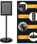 Two Pack Adjustable Floor Sign Stand 8.5 By 11 Inch Poster Holder With 360 Degree Rotating Frame and adjustable height features.