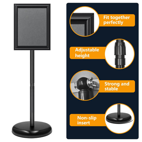 Two Pack Adjustable Floor Sign Stand 8.5 By 11 Inch Poster Holder With 360 Degree Rotating Frame and adjustable height features.