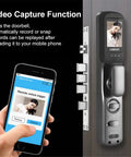 Heavy Duty Smart Door Lock With HD Camera And Fingerprint Scanner For Home Safety with smartphone app interface.
