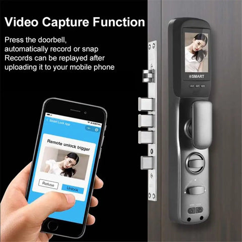 Heavy Duty Smart Door Lock With HD Camera And Fingerprint Scanner For Home Safety with smartphone app interface.