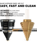 Step drill bit set 1/4–1-3/8 in, straight grooved double-fluted, M2 HSS; black and gold 2‑pc