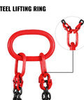 Front-view red steel lifting ring with four-leg chain sling and grab hooks