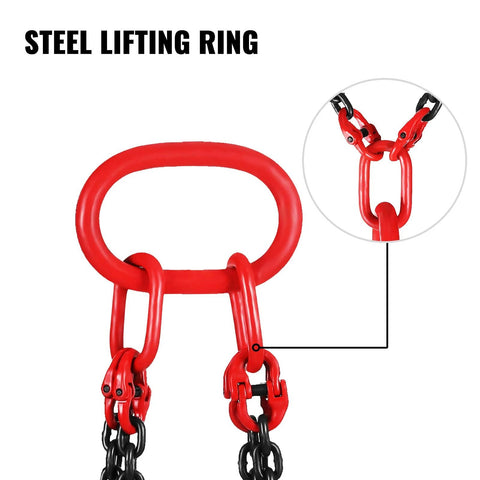 Front-view red steel lifting ring with four-leg chain sling and grab hooks