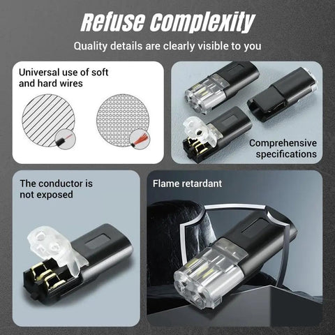 Fast Locking Double Wire Plug In Connector With Locking Buckle For No Tool Splices and flame retardant features displayed