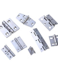 Ten Piece Kit Heavy Duty 304 Stainless Steel Spring Door Hinges Four Hole Design in various sizes for cabinets and gates.