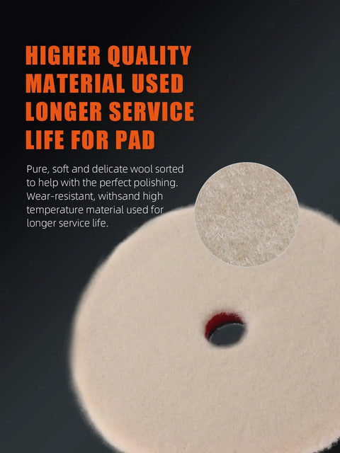 Wool pad from Ten Piece Polishing Pads Kit With Seven Inch Foam Buffing Pads For Car Waxing And Polishing on black background