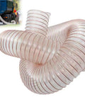 Heavy Duty Flexible Clear Dust Collection Hose Tough As Nails Shop Vacuum Attachment for debris extraction, 4-6 inch diameter.
