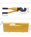 Portable Hydraulic Crimping Tool And Rebar Cutter in yellow with handled design, dimensions 13cm length, fits in carrying case.