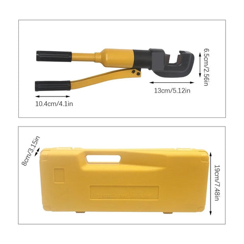 Portable Hydraulic Crimping Tool And Rebar Cutter in yellow with handled design, dimensions 13cm length, fits in carrying case.