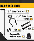 Image showing components of Heavy Duty Gate Drop Rod for Chain Link Fences One And Three Eighths Inch OD Frame Black Powder Coated Drop Rod Pin Latch For Single Or Double Gates One Pack, including 32-inch cane bolt, frame hinge, nuts, bolts, and rubber foot.