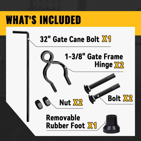 Image showing components of Heavy Duty Gate Drop Rod for Chain Link Fences One And Three Eighths Inch OD Frame Black Powder Coated Drop Rod Pin Latch For Single Or Double Gates One Pack, including 32-inch cane bolt, frame hinge, nuts, bolts, and rubber foot.