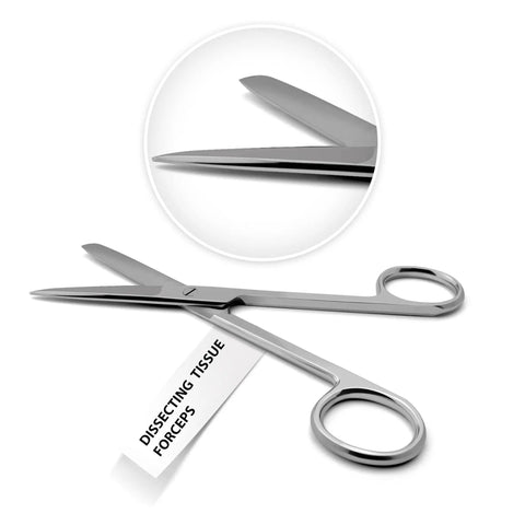 Close-up of dissecting scissors from 18 Piece Dissection Kit With Carrying Case Pro Grade Stainless Steel Tools For Students, Teachers And Pros To Practice Techniques Dissect Anatomy Safely And Effectively.