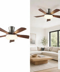 MADISH Modern Walnut 54 Inch Ceiling Fan With Light, 5 blades in wood grain finish, pendant light, living room setting.
