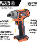 20V Battery Powered Impact Driver With One Quarter Inch Hex Quick Connect 210 Foot Pounds Max Torque Brushless Motor
