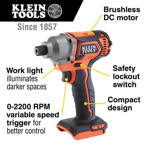 20V Battery Powered Impact Driver With One Quarter Inch Hex Quick Connect 210 Foot Pounds Max Torque Brushless Motor