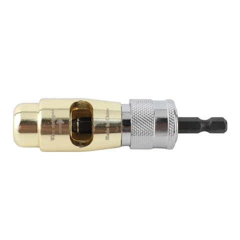 Jauarta Zinc Alloy Wire Twisting Tool Stripper for Electric Drill Winding Connector, heavy-duty gold and silver design.