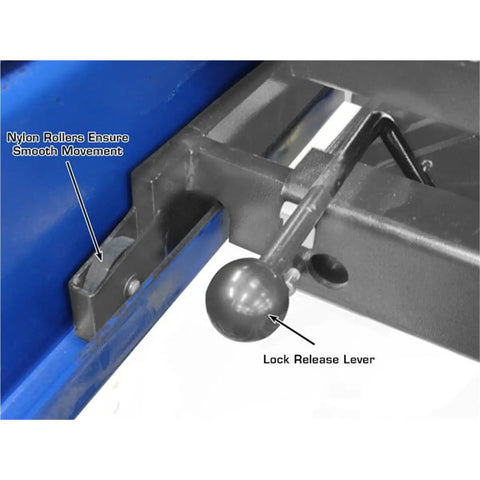 Close-up of nylon rollers and lock release lever on Heavy Duty Air Hydraulic Rolling Jack With 7000 Lb Capacity And Ultra Low Profile For Smooth Vehicle Access Tank Built ALI Certified Double Screw Up Adapters Included.