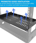 1U Universal Server Rack Shelf For 19-Inch Racks, 10-Inch Deep, Steel Ventilated Cantilever Tray with airflow arrows