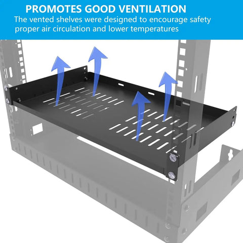 1U Universal Server Rack Shelf For 19-Inch Racks, 10-Inch Deep, Steel Ventilated Cantilever Tray with airflow arrows