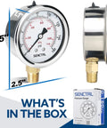 Glycerin Liquid Filled Air Pressure Gauge, 0-160 Psi, 2.5 Inch Dial, One Quarter Inch NPT Lower Mount, Stainless Steel Case, packaging.