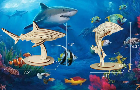 Six Piece 3D Wooden Sea Animals Puzzle Set For Adults And Teens Totally Eco Friendly 3mm Wood Brain Teaser And STEM Gift Build Hands On Fun With Dolphins Whales Turtles Sharks Seahorses And More At Home shark model with size labels