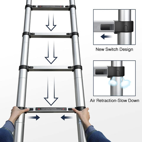 No Fuss Collapsible Aluminum Telescoping Ladder 10.5 Ft With Locking System showing air retraction feature