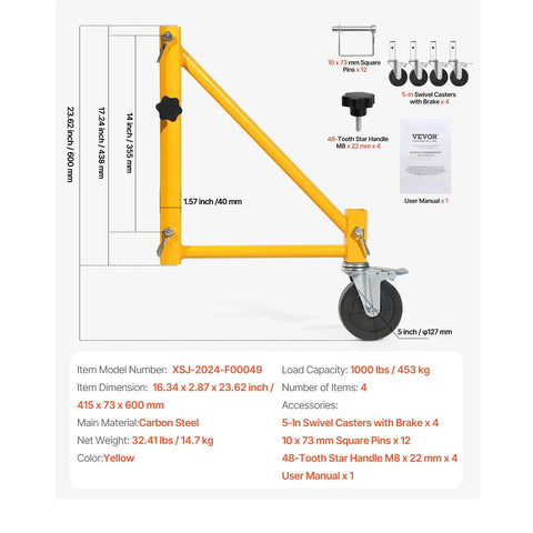 Rolls Like Butter 4 Pack Baker Style Scaffold Outriggers With Heavy Duty Swivel Casters 1000 Lbs Capacity, carbon steel, yellow, 5-inch wheels.