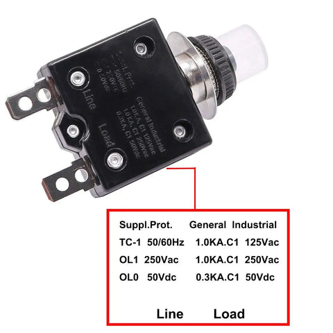 Push Button Thermal Circuit Breaker 15A For 125 250VAC With Manual Reset Waterproof Button Cap L1 Series Overload Protector For Panels And DIY Projects Pro Grade Electrical Safety, black panel mount