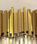 Sleek Led Wall Sconce Textured Crystal Glass Rod Shade Brushed Steel Frame close-up view of gold frame design