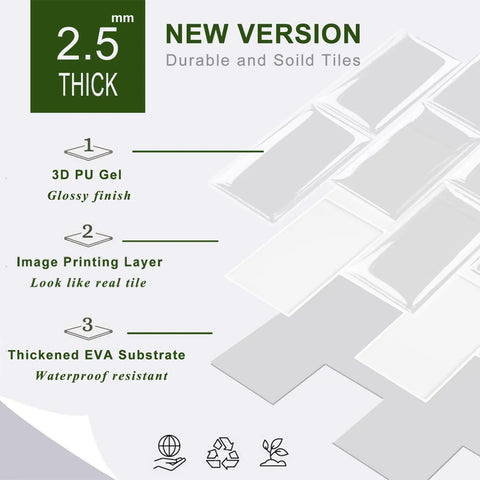 Diagram of Thicker Peel And Stick Subway Tile Backsplash For Kitchen And Bathroom White, 2mm To 2.5mm Thick, showcasing layers