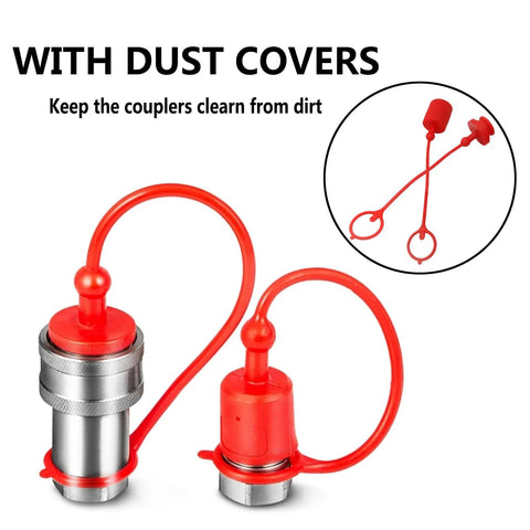 Front view of two red 1/4 NPT ISO 5675 hydraulic quick-connect couplers with dust covers and lanyards.