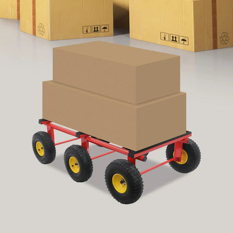 All Terrain Furniture Dolly Six Piece Set With 10 Inch Inflatable Deep Tread Wheels And Carbon Steel Frame Built For Heavy Duty Moves Of Up To 1200 Pounds In Warehouses Garages Or Home Workshops, red frame with boxes