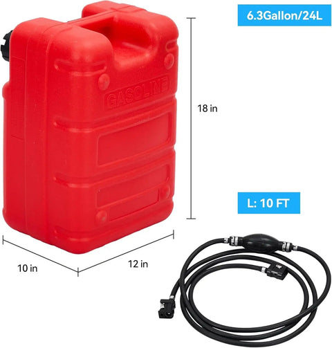 Six Gallon Portable Marine Fuel Tank For Outboard Boats With 9.8 Ft Hose And Built In Level Gauge, Dual Vent Cap