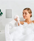 Sleek Abs Plastic Wall Access Panel With Rock Solid Self Adhesive Backing in use near a woman in a bubbly bathtub.
