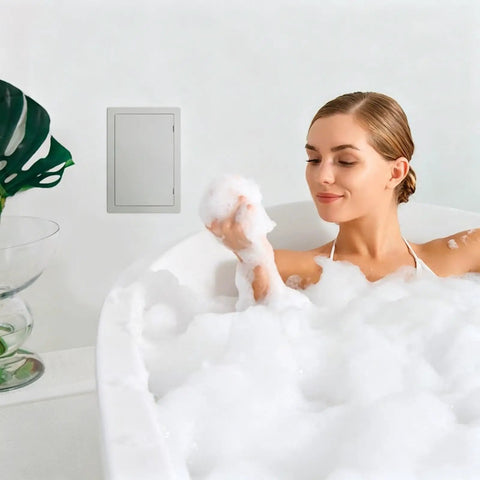 Sleek Abs Plastic Wall Access Panel With Rock Solid Self Adhesive Backing in use near a woman in a bubbly bathtub.