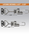 Solid As A Rock 6 Inch Polished Stainless Steel Adjustable Grip Draw Latch With Strike Plate showing latching distances: 2.437" and 3.125".
