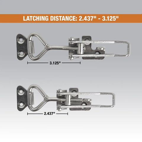 Solid As A Rock 6 Inch Polished Stainless Steel Adjustable Grip Draw Latch With Strike Plate showing latching distances: 2.437" and 3.125".