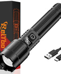 Beast Mode Bright 20000 Lumens Rechargeable LED Flashlight with USB C Power, LCD display, and charging cable included.