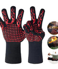 Grill Master Ready Ultimate Heat Resistant BBQ Grilling Gloves With Non Slip Silicone Grip featuring flame design and long cuffs