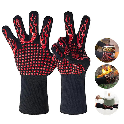 Grill Master Ready Ultimate Heat Resistant BBQ Grilling Gloves With Non Slip Silicone Grip featuring flame design and long cuffs
