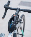 Ride Ready Front Frame Bag for Bikes With Large Capacity Main Compartment mounted on top tube, open to show contents