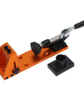 Pro Grade 15 Degree Pocket Hole Jig Kit With Aluminum Alloy Construction in bright orange, shown with clamp and adjustable components.